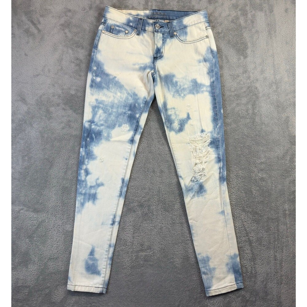 Bebe Jeans Womens 26 Blue White Tie Dye Bleach Wash Distressed Denim Y2K Vintage